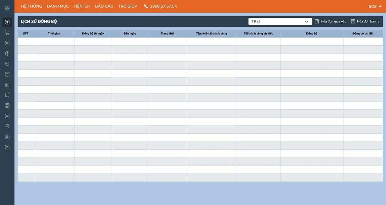 Màn hình lịch sử đồng bộ hoá đơn từ hệ thống Cơ quan Thuế