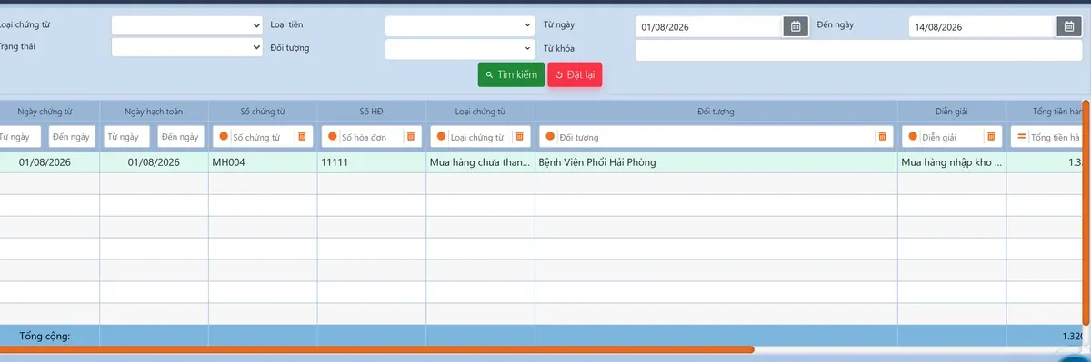 Màn chứng từ mua hàng trong EasyBooks